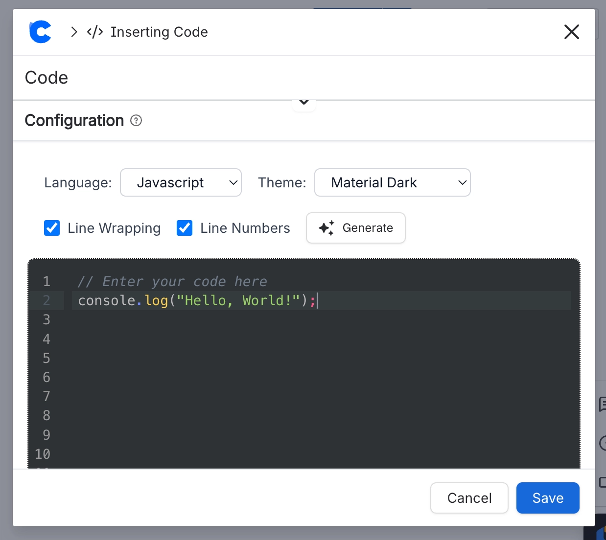 The Code macro configuration modal with language set to Javascript, theme set to Material Dark, line wrapping and line numbers ticked, a generate button, and a code editor below.