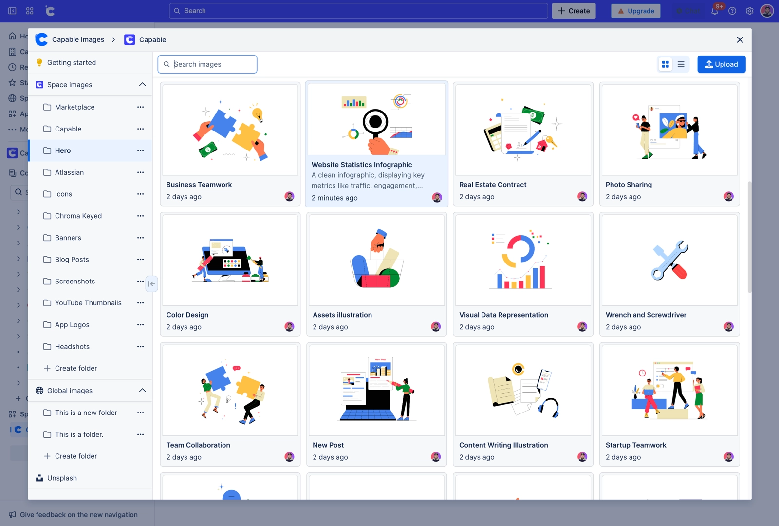 The Capable Images library with a sidebar listing folders such as Marketplace, Hero, Icons, Banners and Headshots under Space images, a second shorter list under Global images, an Unsplash entry below