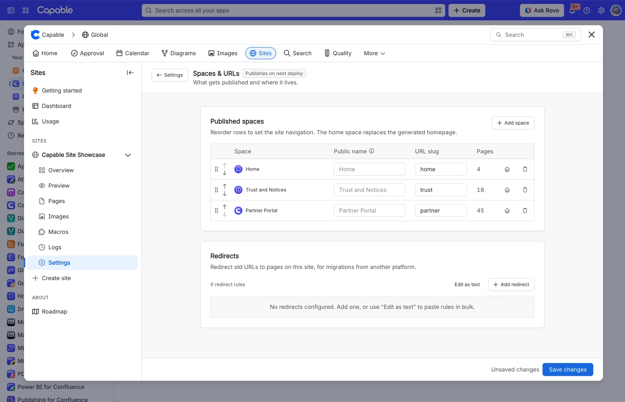 Sites Spaces and URLs settings listing three published spaces with reorder arrows, URL slugs, page counts and a house button on each row