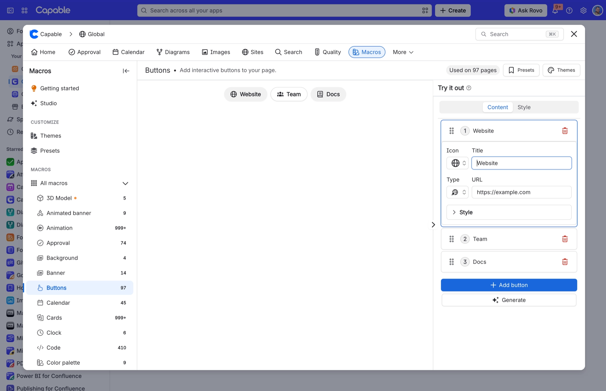 Buttons macro with the Content tab open and the Website button expanded to show its icon, title, type and URL fields