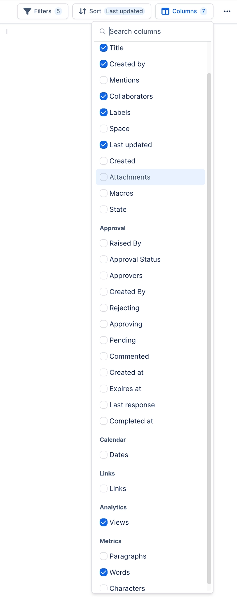 The Columns dropdown open below the Filters, Sort and Columns buttons, with a search box and tick boxes for Title, Created by, Collaborators, Labels and Last updated, followed by groups headed Approva
