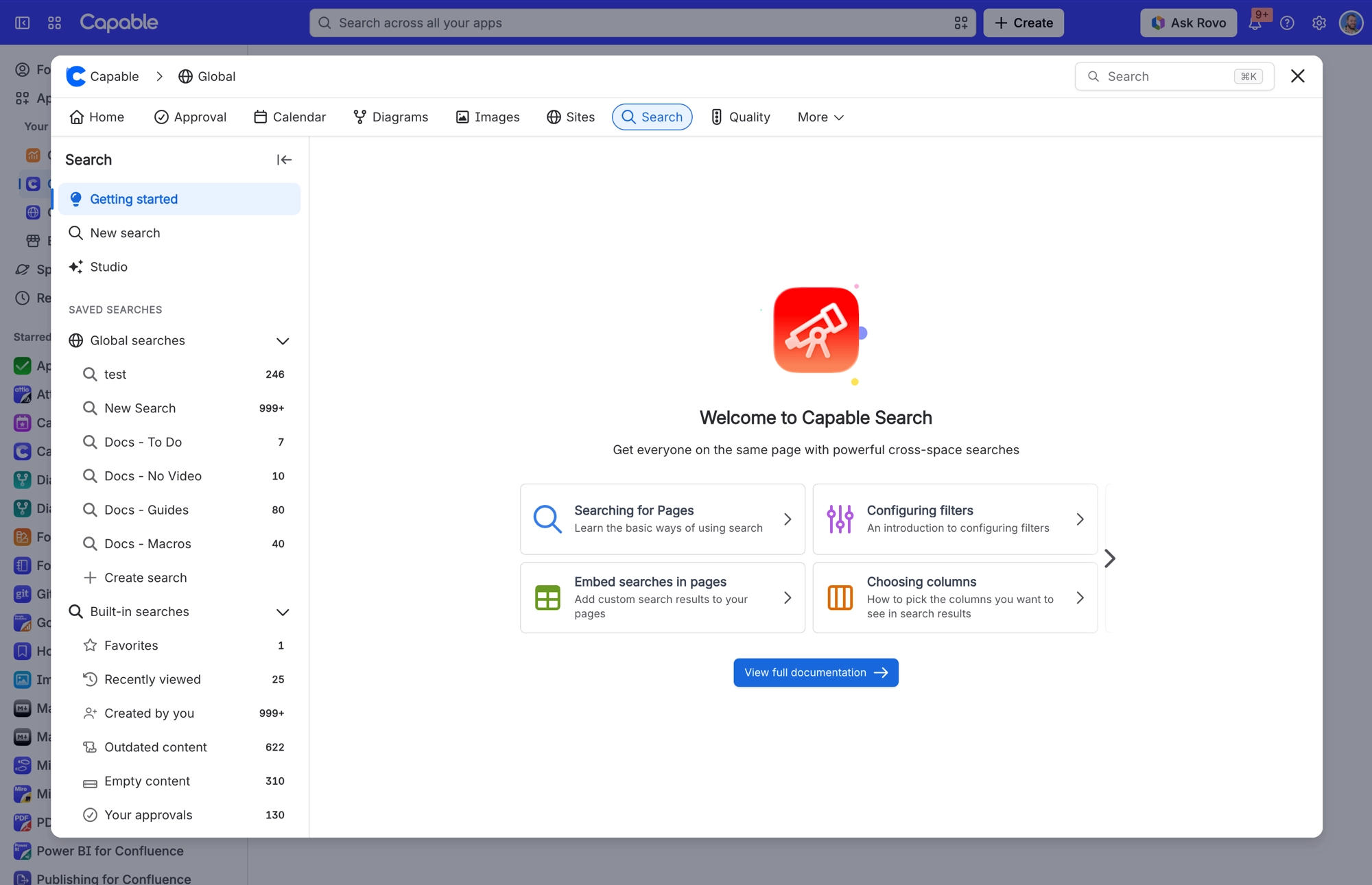 Capable Search sidebar with a Saved searches section listing global saved searches, each with a match count