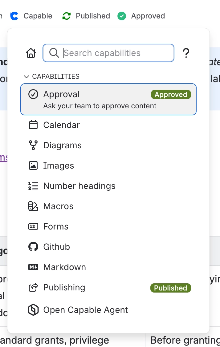 Capable menu opened from the page byline, with the Approval capability highlighted and its description Ask your team to approve content