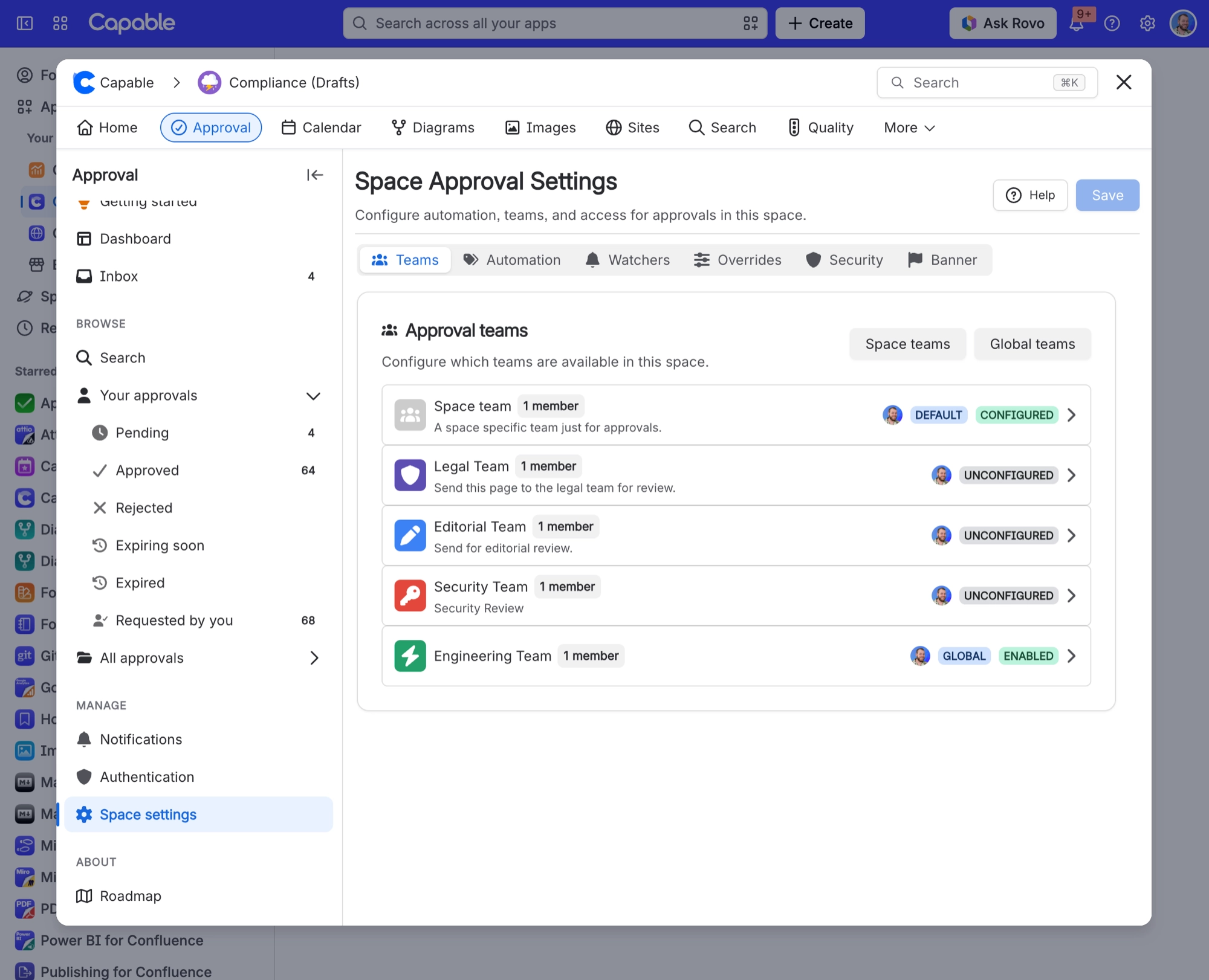 Space Approval Settings Teams tab listing approval teams with their member counts and status, such as Default, Configured and Unconfigured