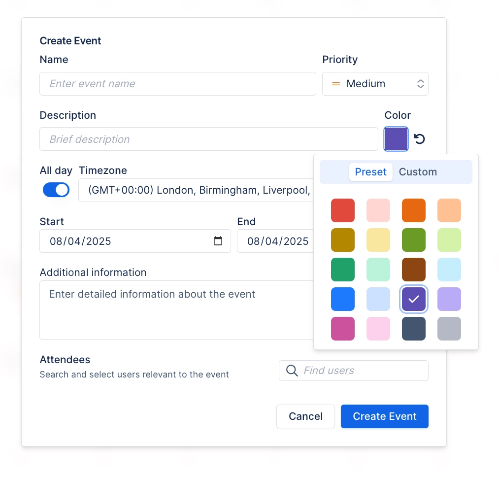 Create Event dialog with name, priority, description, all-day toggle, timezone, start and end, additional information and attendee fields, and a preset colour palette open beside the colour swatch.