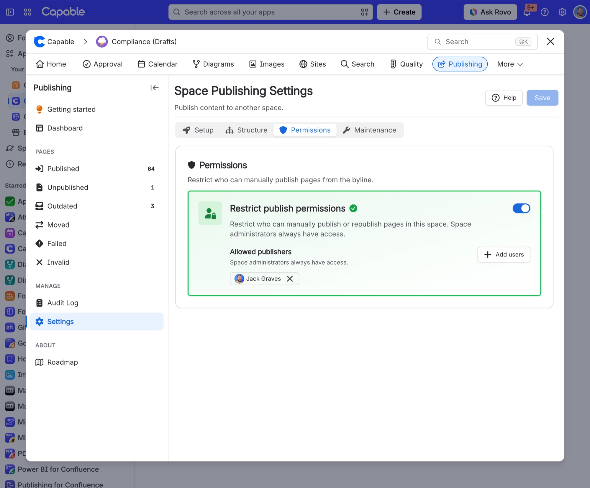 Publishing Permissions tab with Restrict publish permissions enabled and one allowed publisher listed
