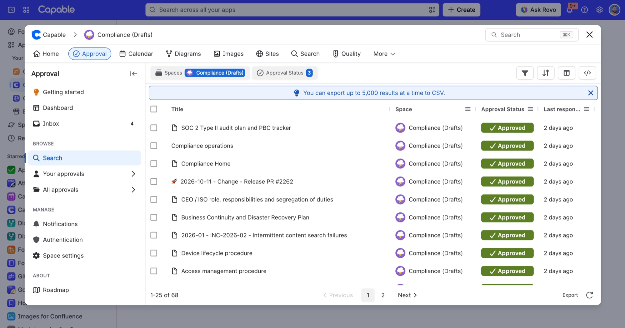 Approval search filtered by space and approval status, with a note that up to 5,000 results can be exported to CSV and an Export button