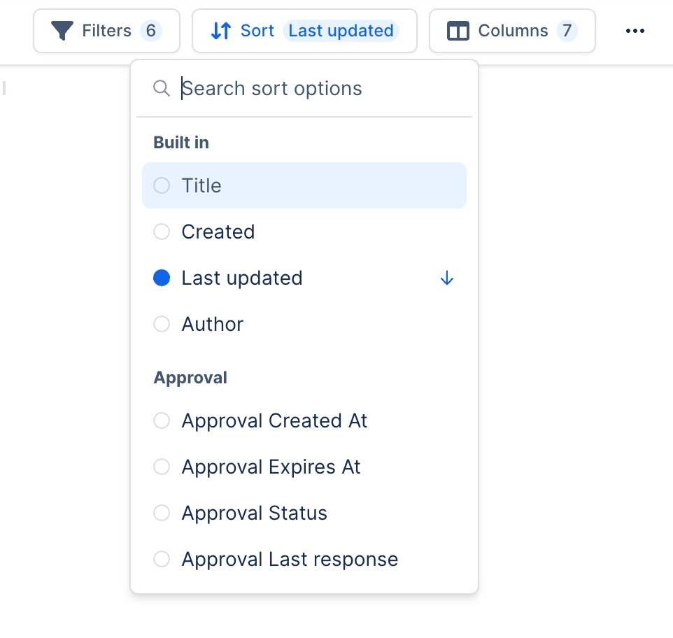 The Sort dropdown open below the Filters, Sort and Columns buttons, listing built-in options Title, Created, Last updated and Author, with Last updated selected and marked descending, then an Approval