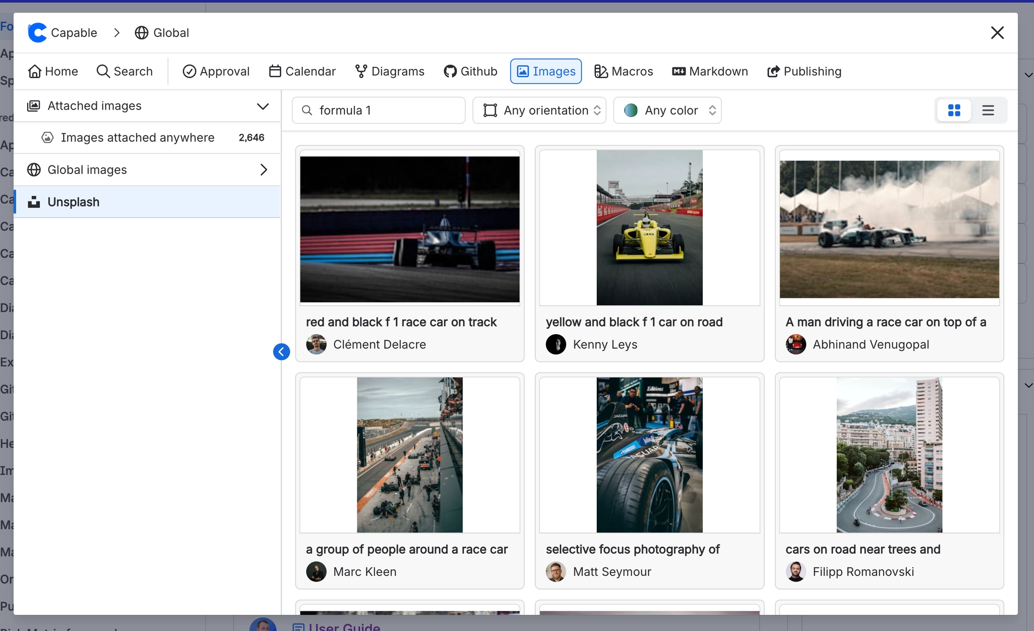 Unsplash section of the library showing a search for formula 1 with six stock photographs, each captioned with its photographer's name.