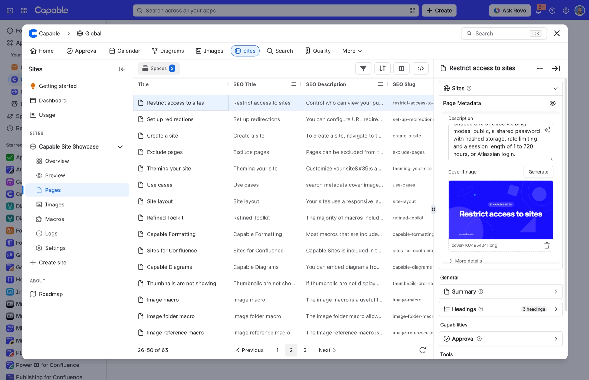 Sites Pages list with a page selected and the Page Metadata panel showing its description and cover image