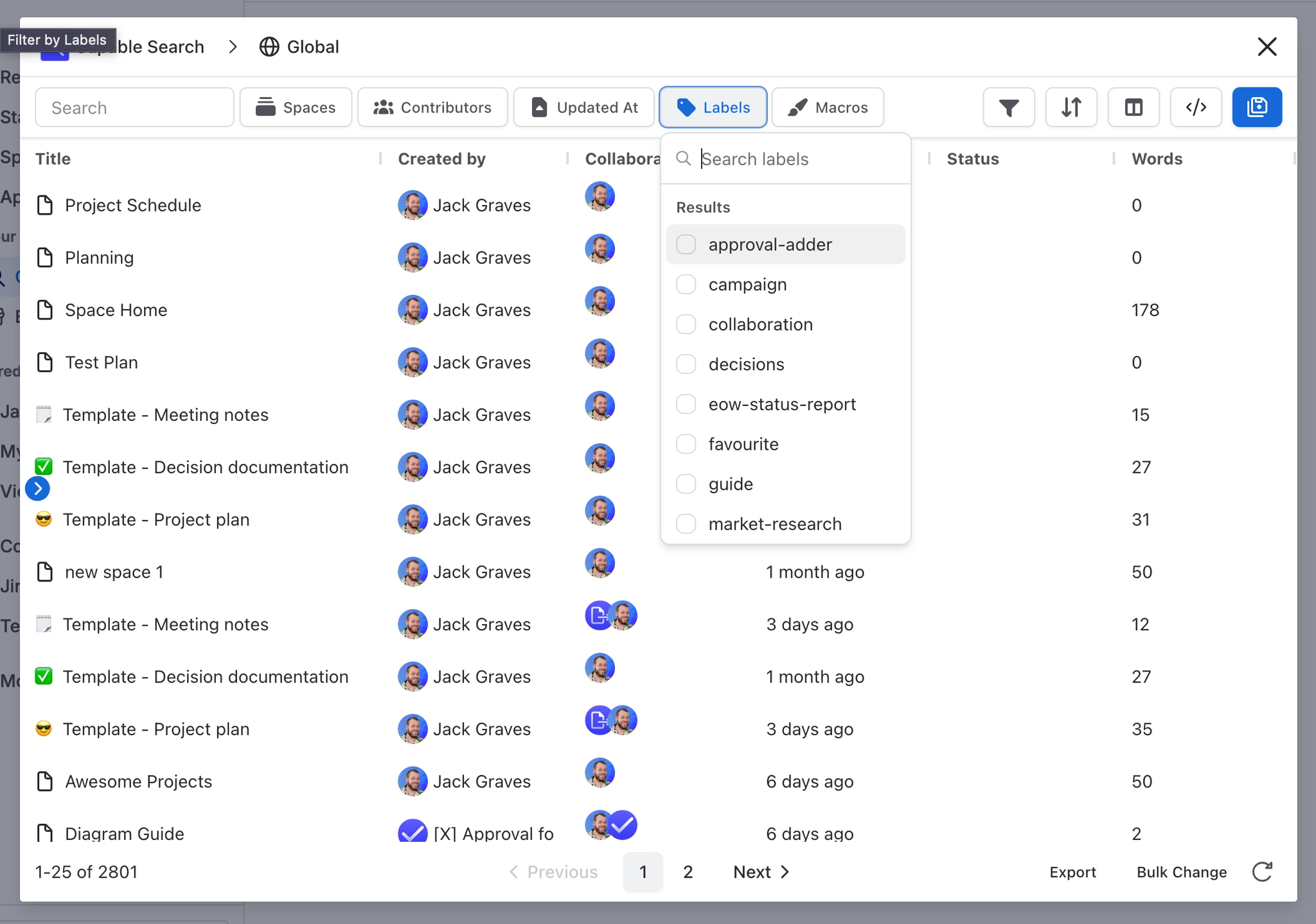 The Capable Search window with filter chips for Spaces, Contributors, Updated At, Labels and Macros above a results table; the Labels chip is open, listing labels such as approval-adder, campaign, col