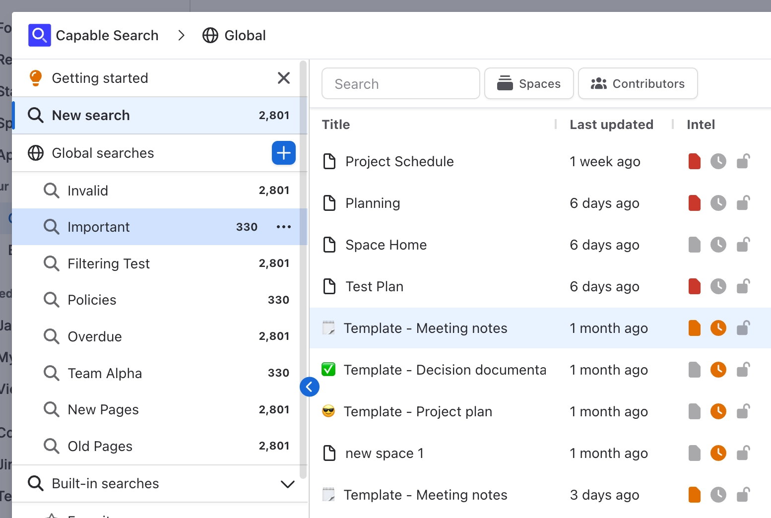 The Capable Search window scoped to Global, with a rail listing Global searches named Invalid, Important, Filtering Test, Policies, Overdue, Team Alpha, New Pages and Old Pages, each with a result cou