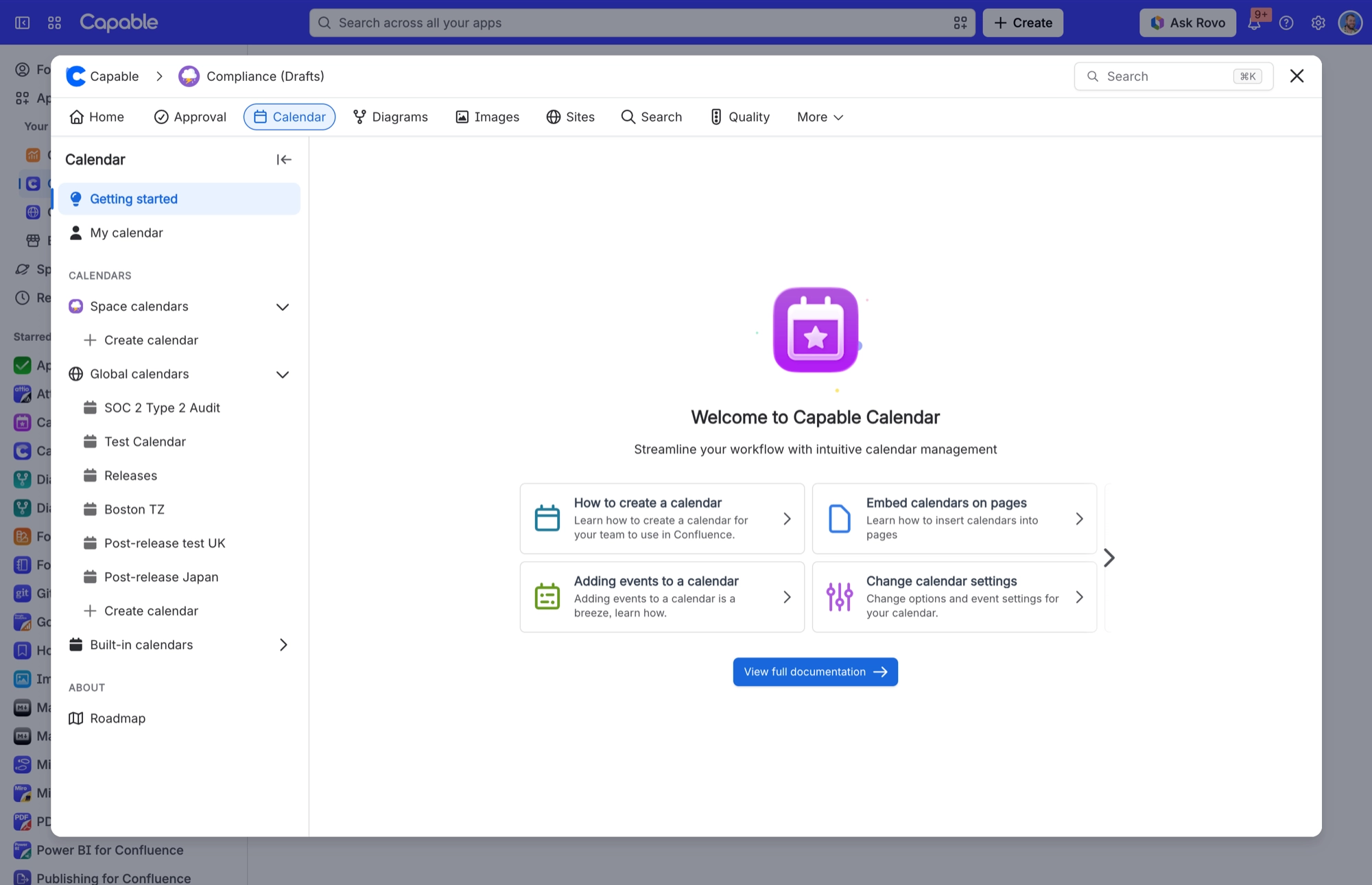 Capable Calendar Getting started page, with the sidebar listing Space calendars and Global calendars, each with a Create calendar link