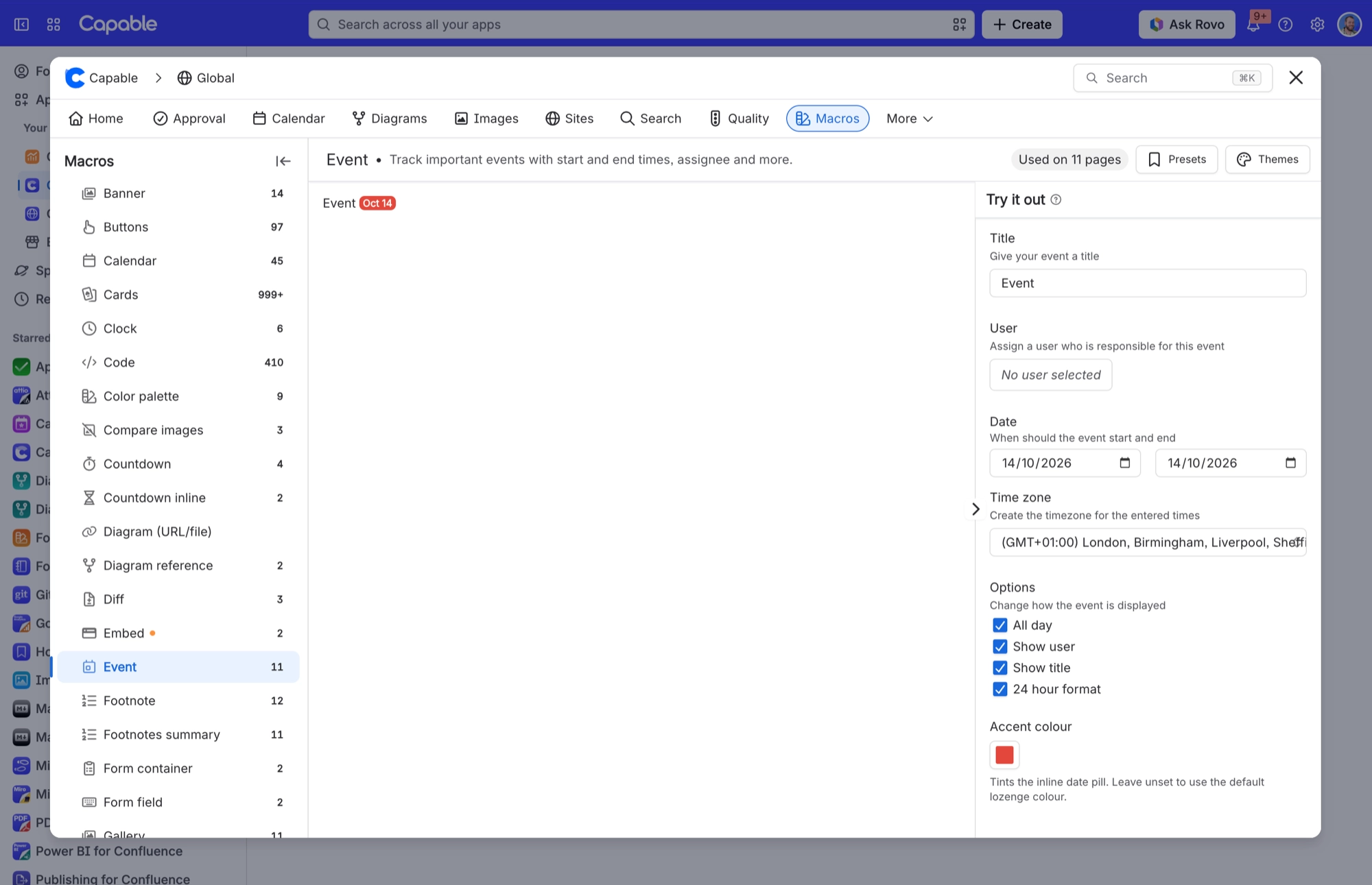 Event macro set up as an all day event, with title, date, time zone, options and accent colour settings beside a preview