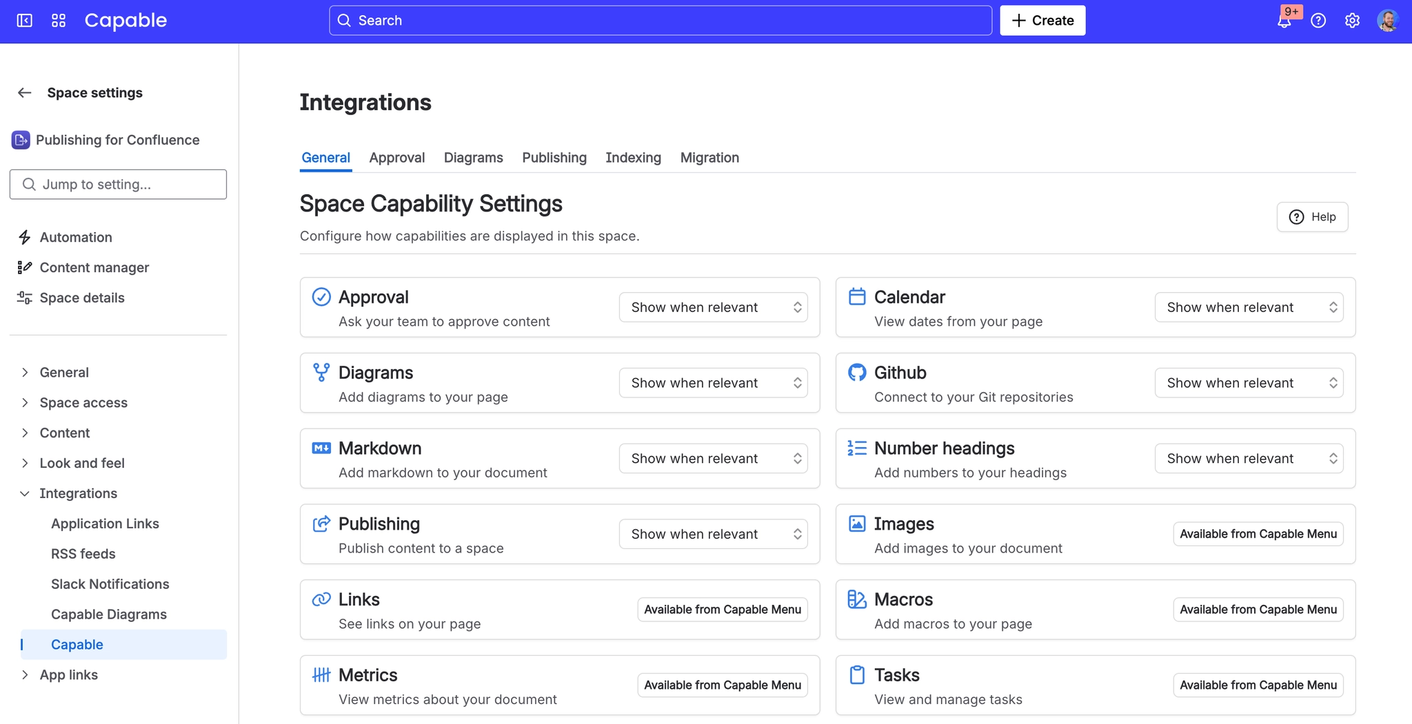The Space Capability Settings screen under Integrations in Confluence space settings, listing Approval, Calendar, Diagrams, Github, Markdown, Number headings and Publishing with a Show when relevant d