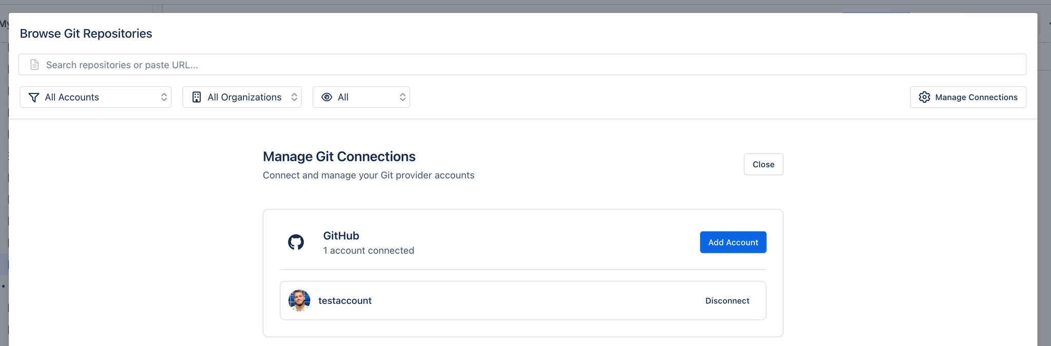 The Browse Git Repositories dialog with a Manage Git Connections panel open, showing GitHub with one account connected, an account row with a Disconnect link, and an Add Account button.