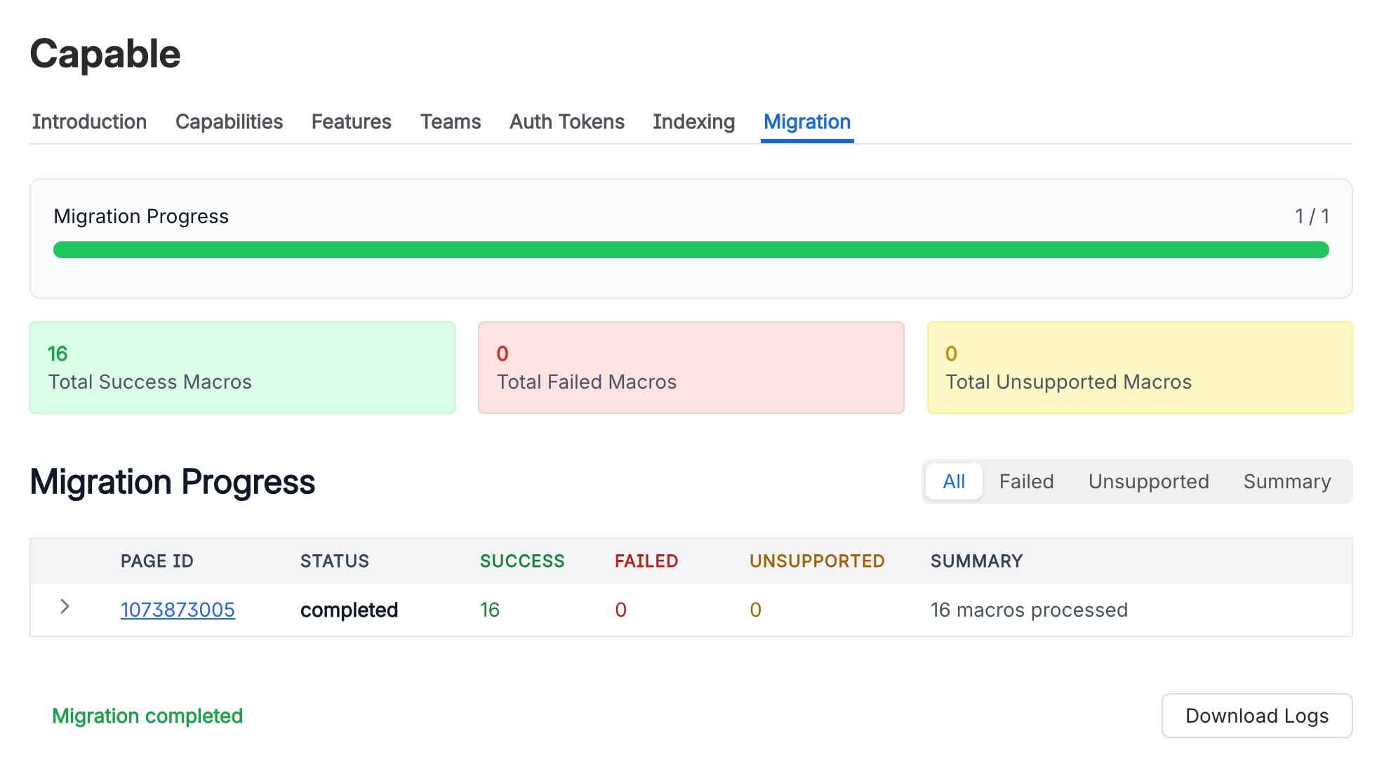 A migration results screen reading migration completed, with a full green progress bar, sixteen successful macros, no failures or unsupported macros, one page row and a Download Logs button.