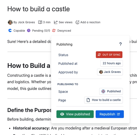 A Confluence page titled How to build a castle, its byline reading Capable, Pending 0 of 1 and Desynced, with the Publishing panel open showing status Out of sync, published 22 hours ago, approved by 