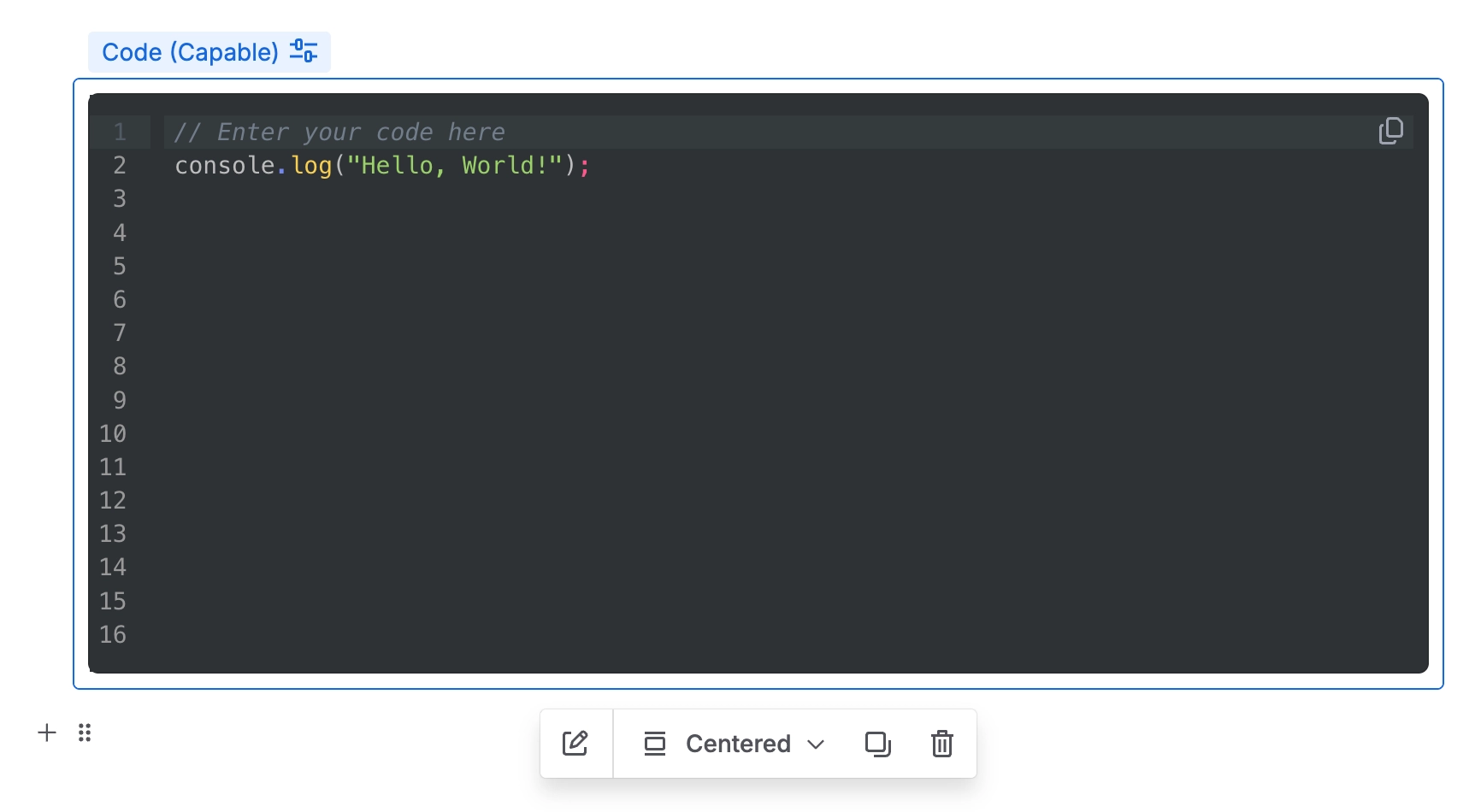 A dark themed code block containing a console log statement with line numbers and a copy button, selected in the Confluence editor with a floating toolbar reading centered.