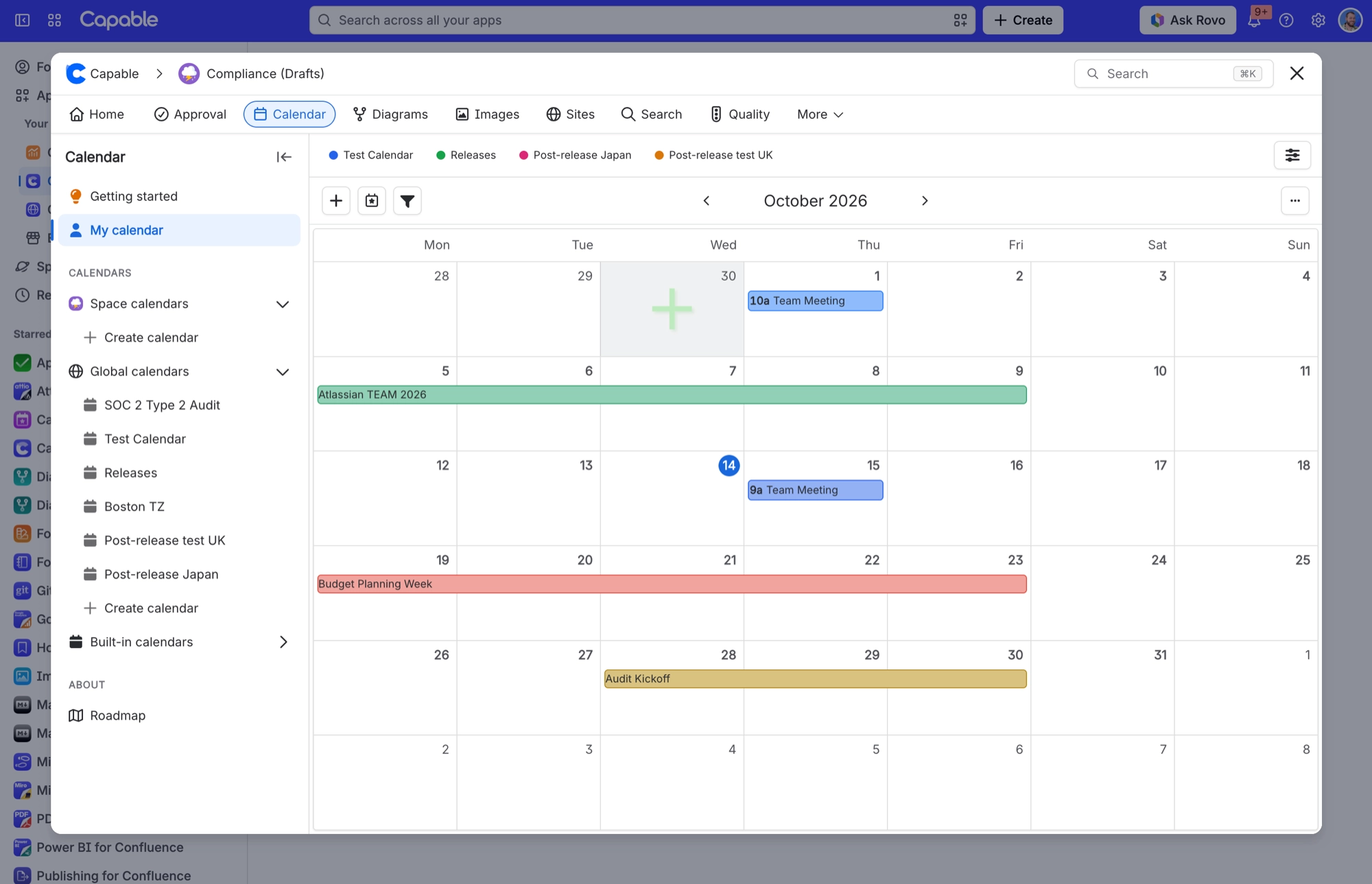 Capable Calendar month view for October 2026 with events from several calendars and a plus sign on an empty day