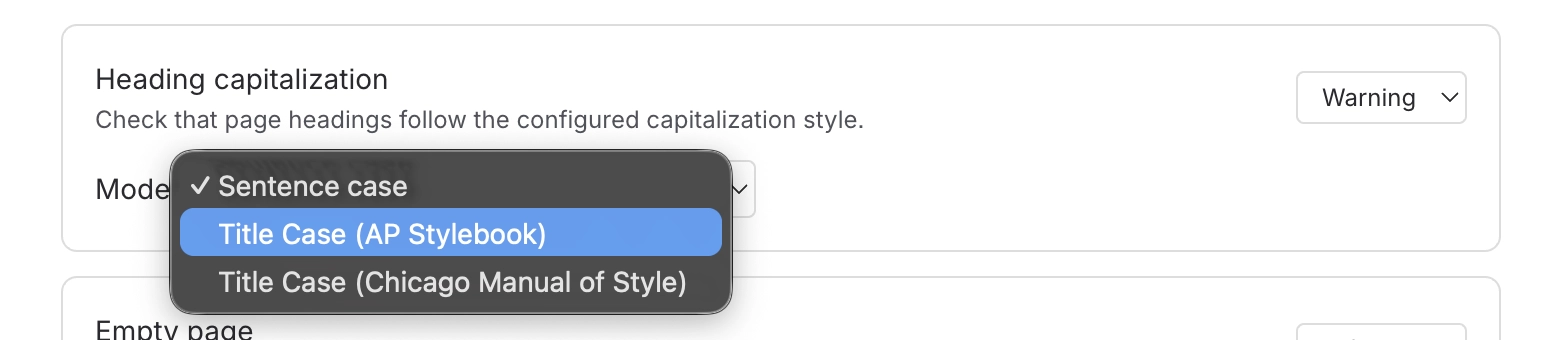The Heading capitalization rule on the Rules page with its Mode dropdown open, offering Sentence case, Title Case (AP Stylebook) and Title Case (Chicago Manual of Style).
