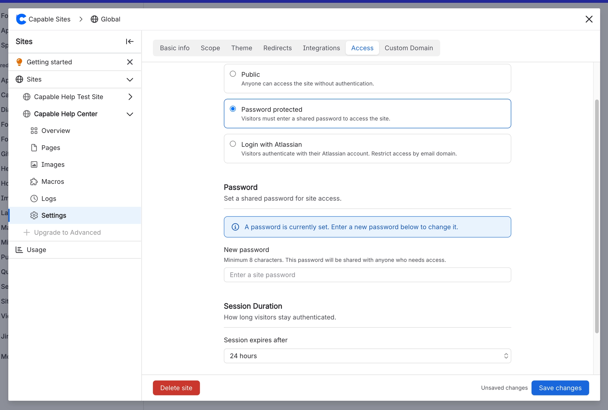 Access settings with Password protected selected, a new password field, and a session expires after field set to twenty four hours.