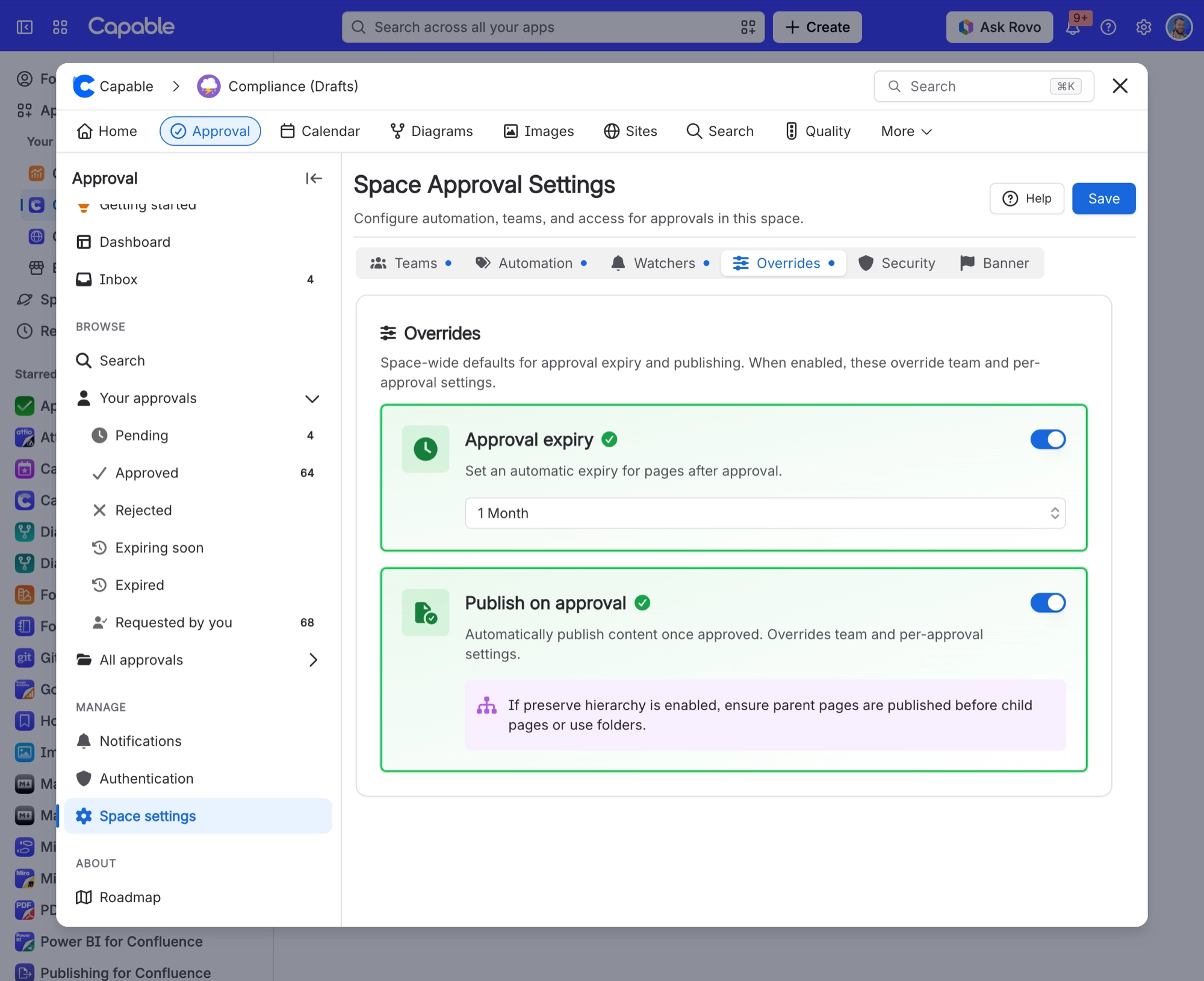 Overrides tab in space approval settings with Approval expiry turned on and set to 1 month