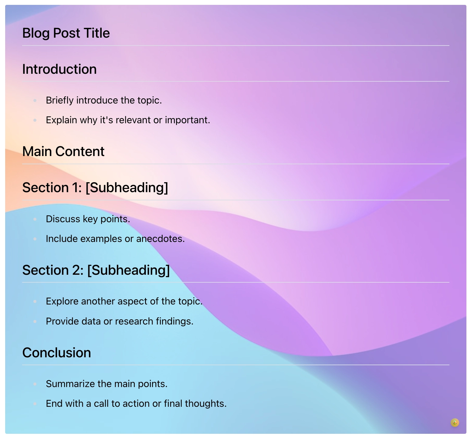 A blog post outline with headings and bullet points rendered over a soft purple and blue gradient photograph.
