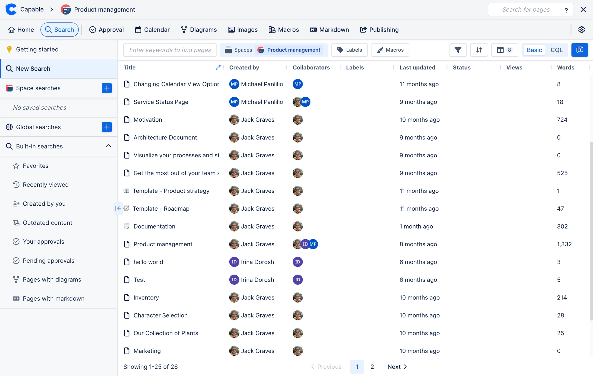 The Capable app open on its Search view for a space, with a left rail of saved and built-in searches including Outdated content, Your approvals and Pending approvals, and a results table of pages with