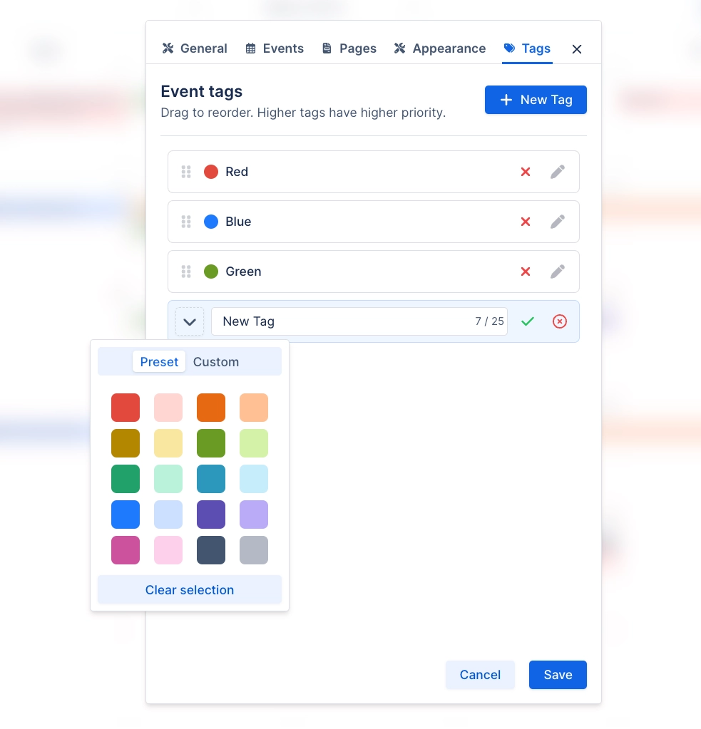 The calendar configuration dialog on the Tags tab, listing Red, Blue and Green tags with drag handles and edit and delete controls, a new tag being named, and a preset colour swatch picker open below.