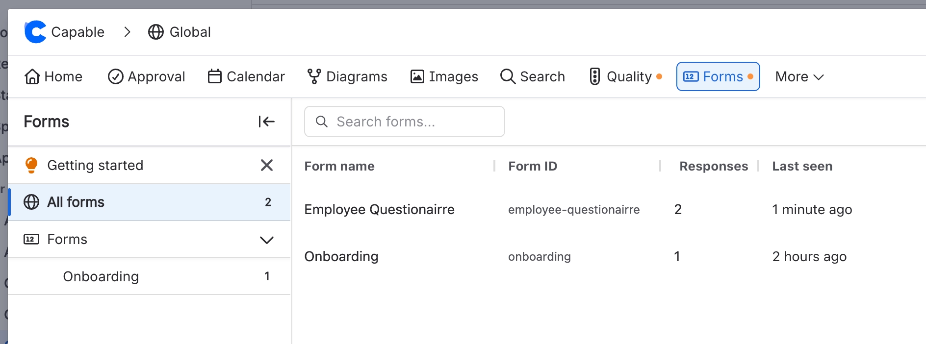 The Forms tab in the Capable global app, listing All forms in a table with columns Form name, Form ID, Responses and Last seen, showing Employee Questionairre with 2 responses and Onboarding with 1.