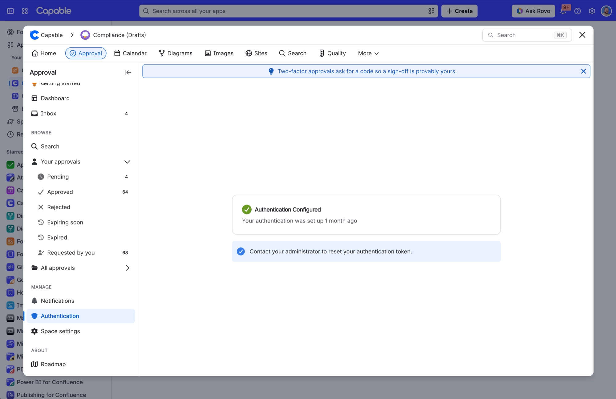Approval Authentication page showing Authentication Configured and a note to contact your administrator to reset your token