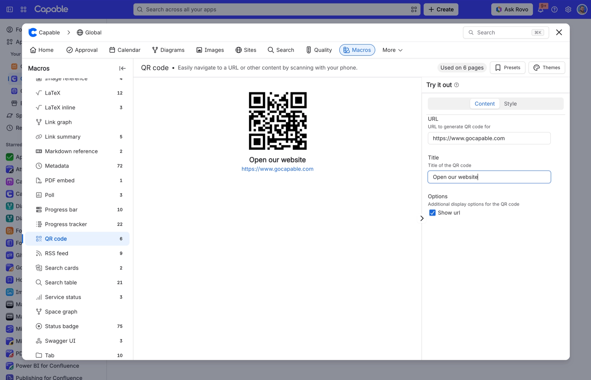 QR code macro with the Content tab showing URL, Title and Show url fields beside a live QR code preview