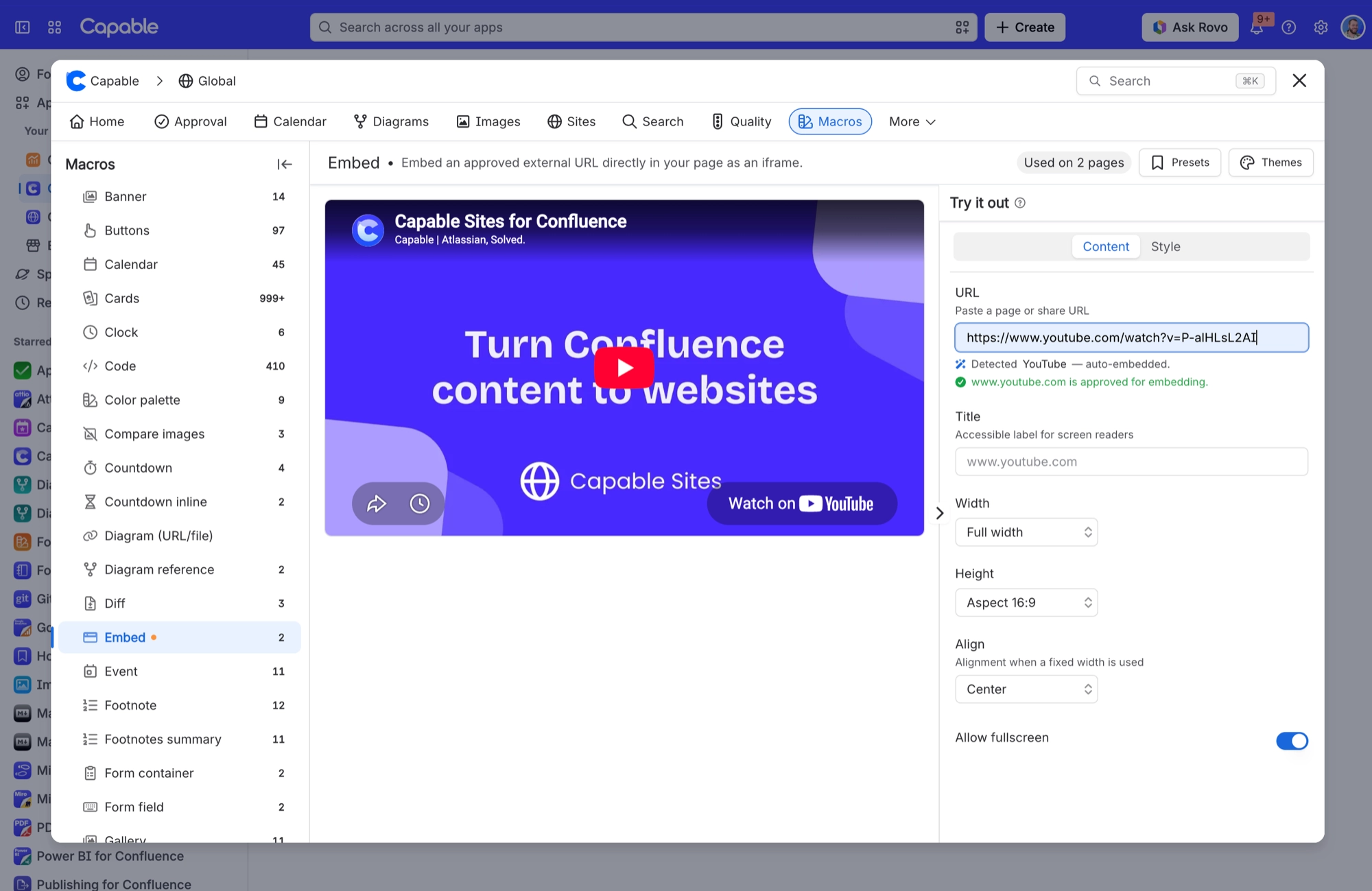 Embed macro with a YouTube video preview, and the Content tab showing the URL, title, width, height, alignment and fullscreen settings