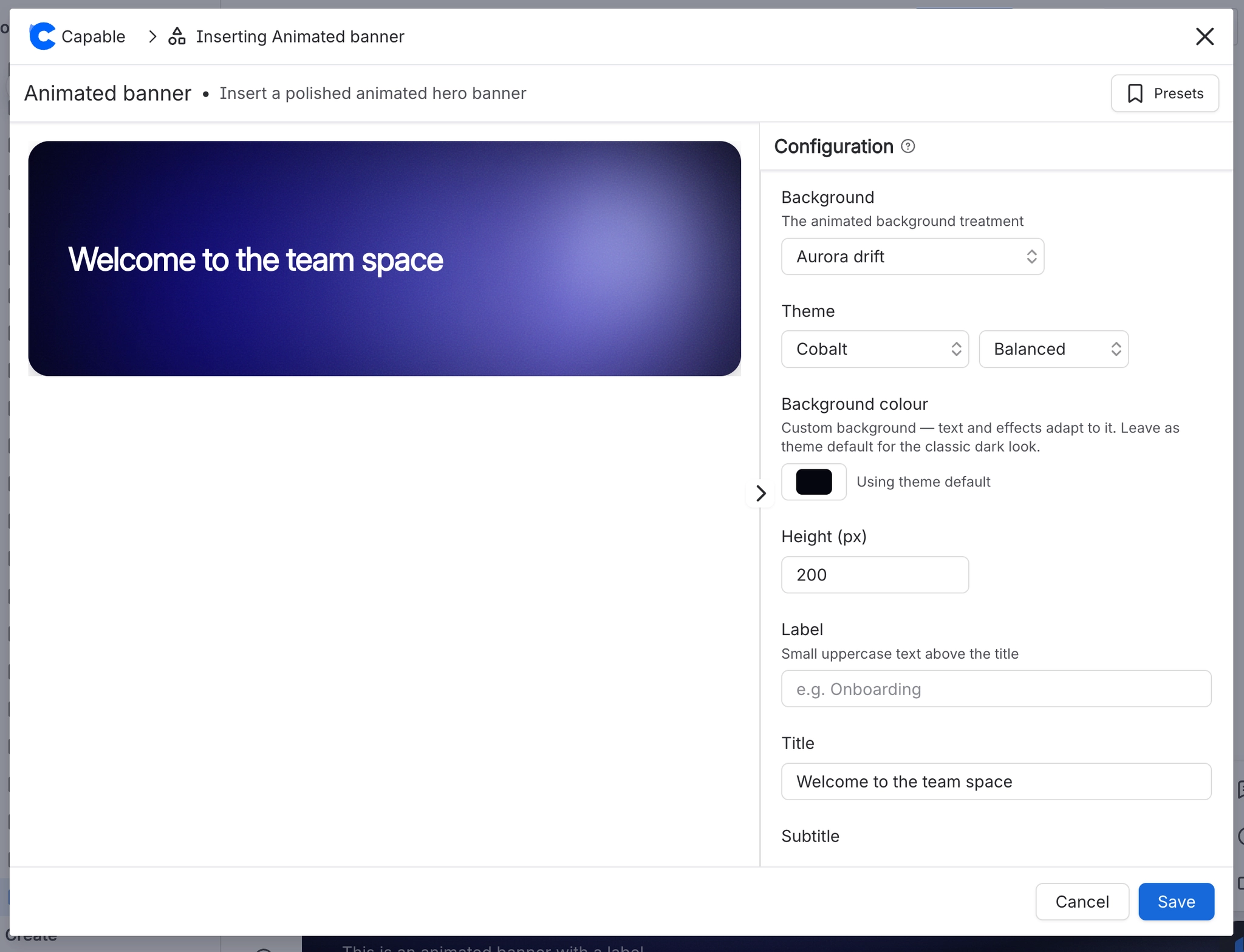 The Animated banner configuration modal showing an Aurora drift banner reading welcome to the team space, next to background, theme, background colour, height, label and title fields.