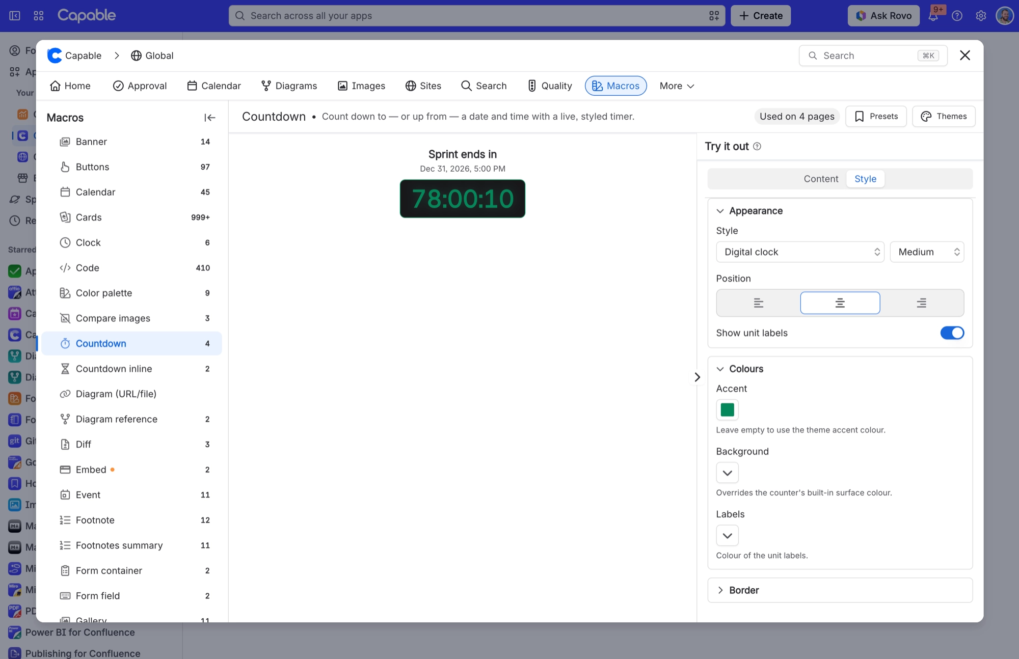 Countdown Style tab with the Digital clock style, center position and accent colour settings, and a green digital clock preview