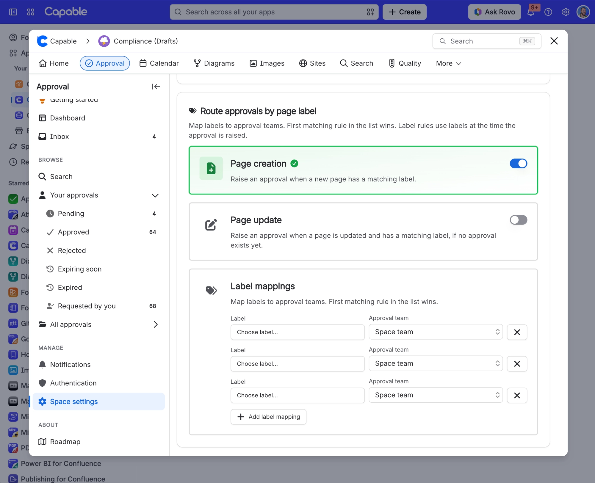 Route approvals by page label section with its own Page creation and Page update switches and a list of label mappings