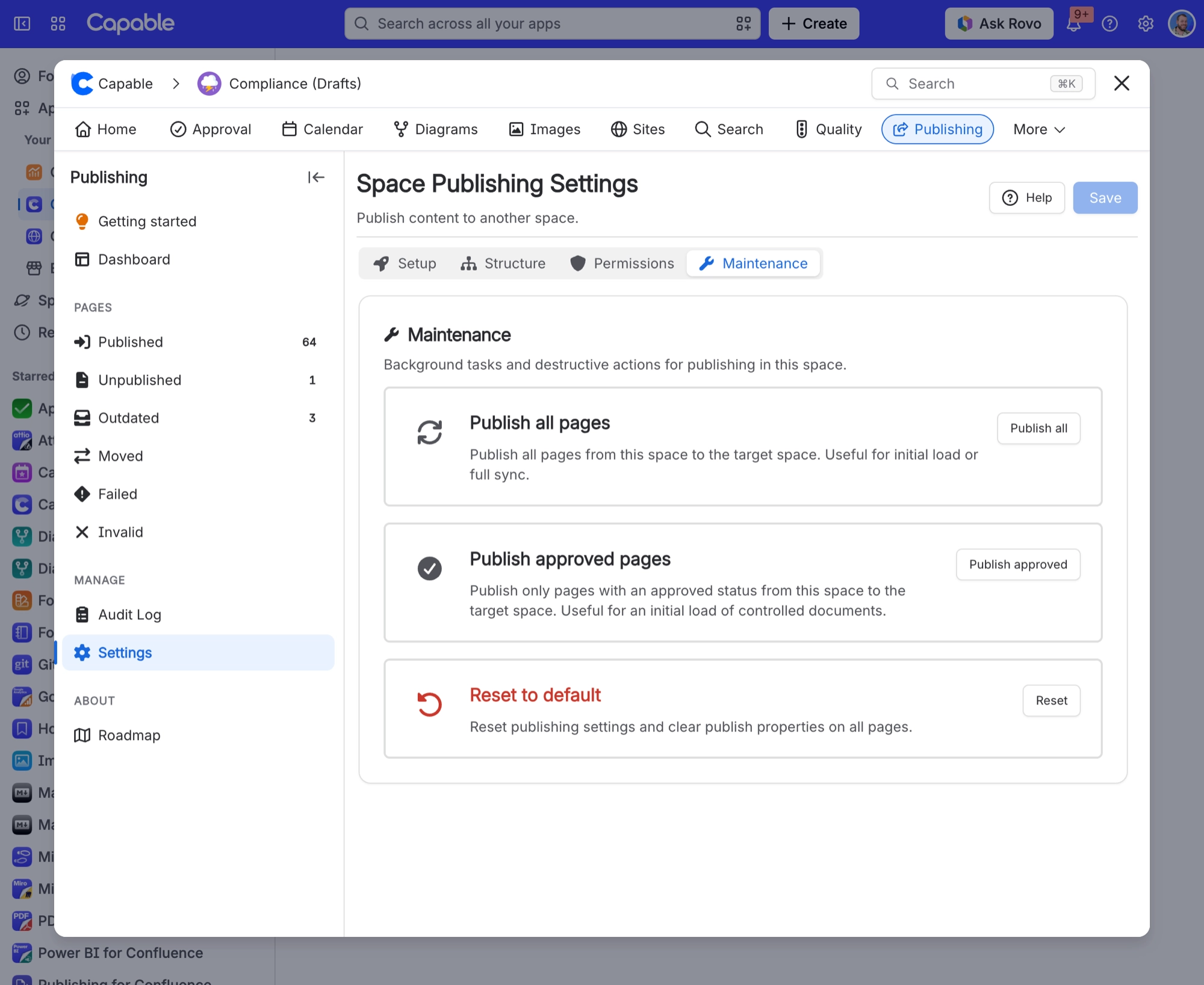 Publishing Maintenance tab with Publish all pages, Publish approved pages and Reset to default actions