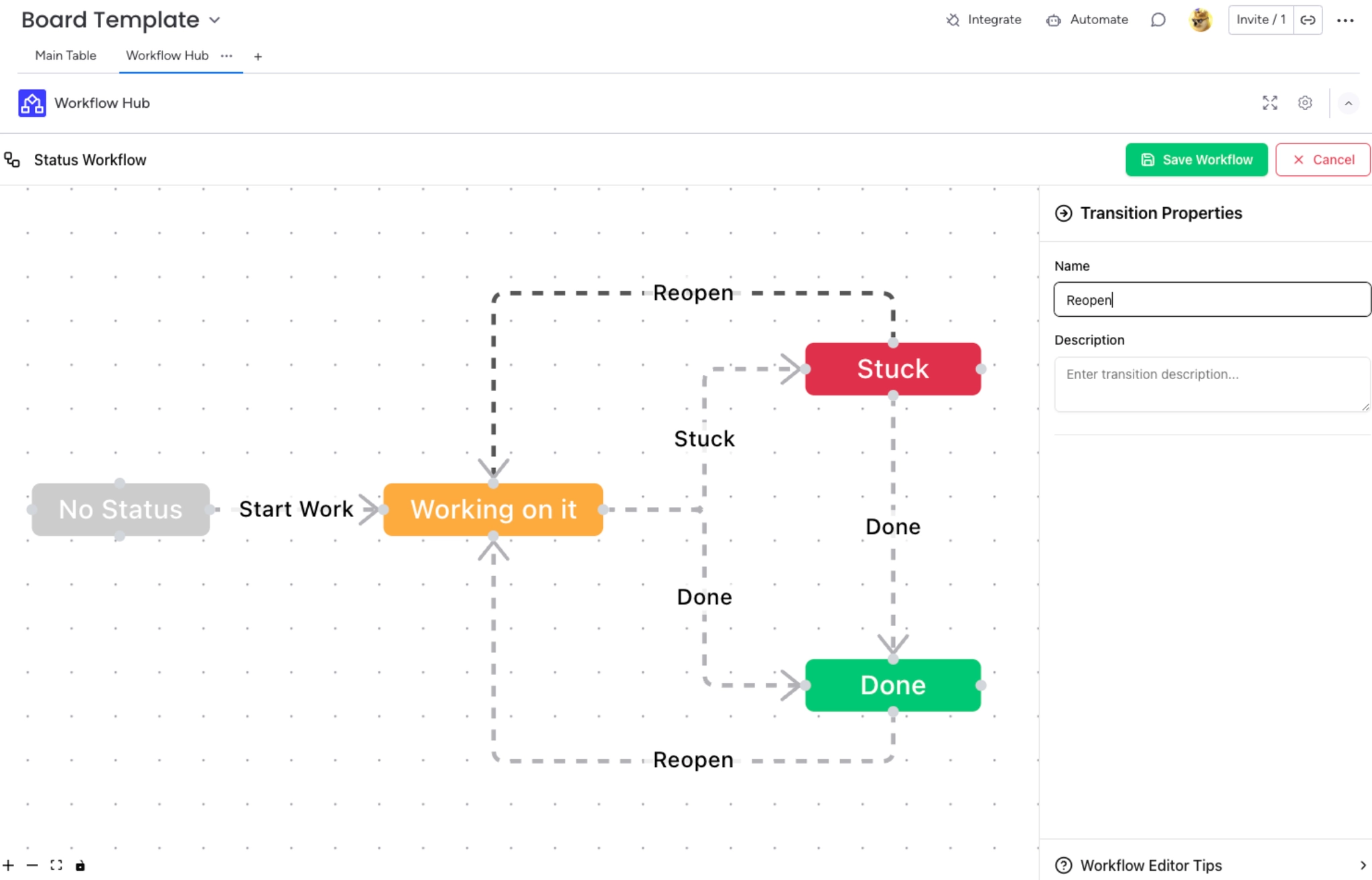 monday.com board with the Workflow Hub view selected, showing statuses No Status, Working on it, Stuck and Done joined by named transitions, with a transition properties panel on the right.
