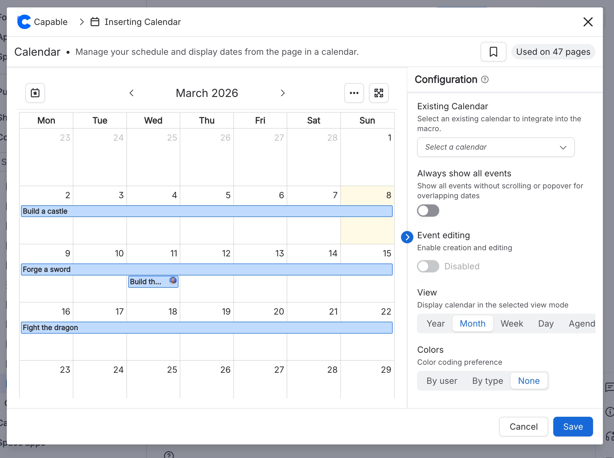 The Calendar macro configuration dialog with a live March month preview on the left and settings on the right for existing calendar, always show all events, event editing, view mode and colour coding.