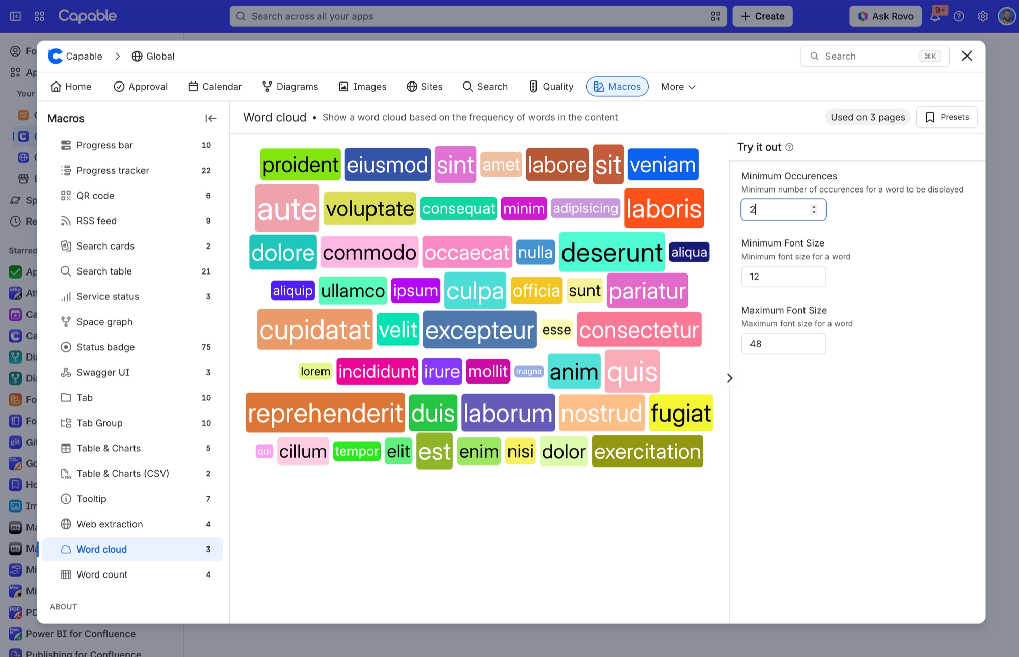 Capable Macros with Word cloud selected, showing a colourful word cloud preview and the Try it out settings for occurrences and font sizes
