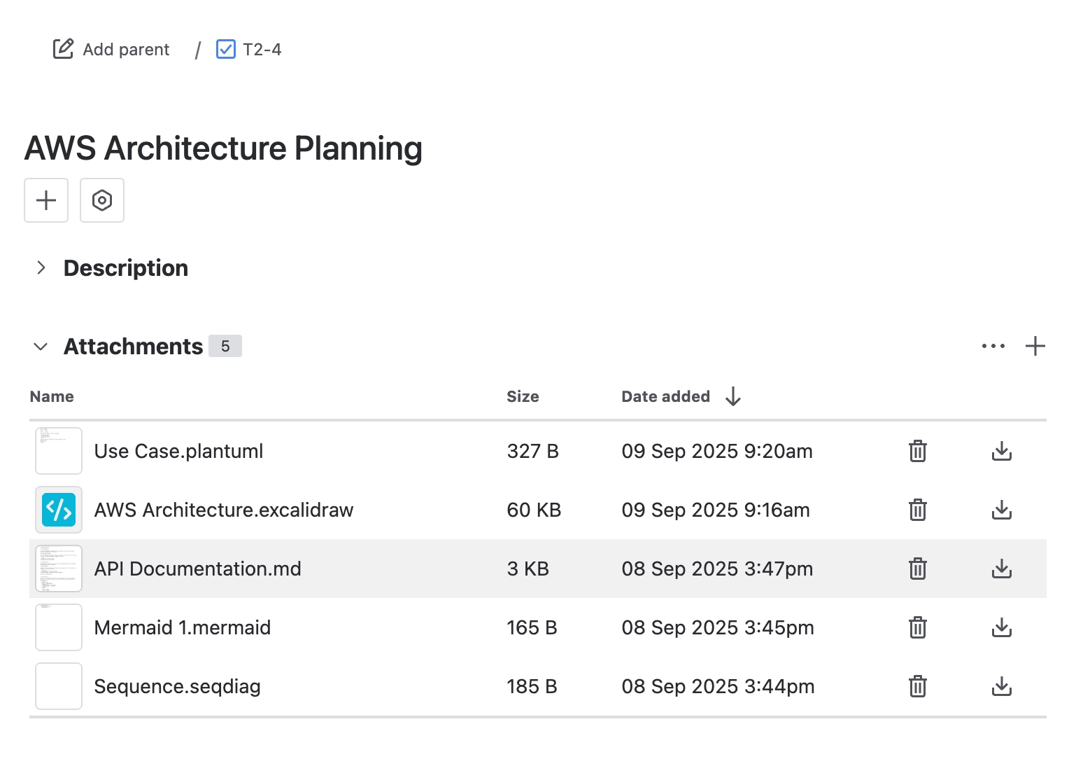 The attachments section of a Jira work item listing API Documentation.md alongside diagram files, each row with a delete and a download button.