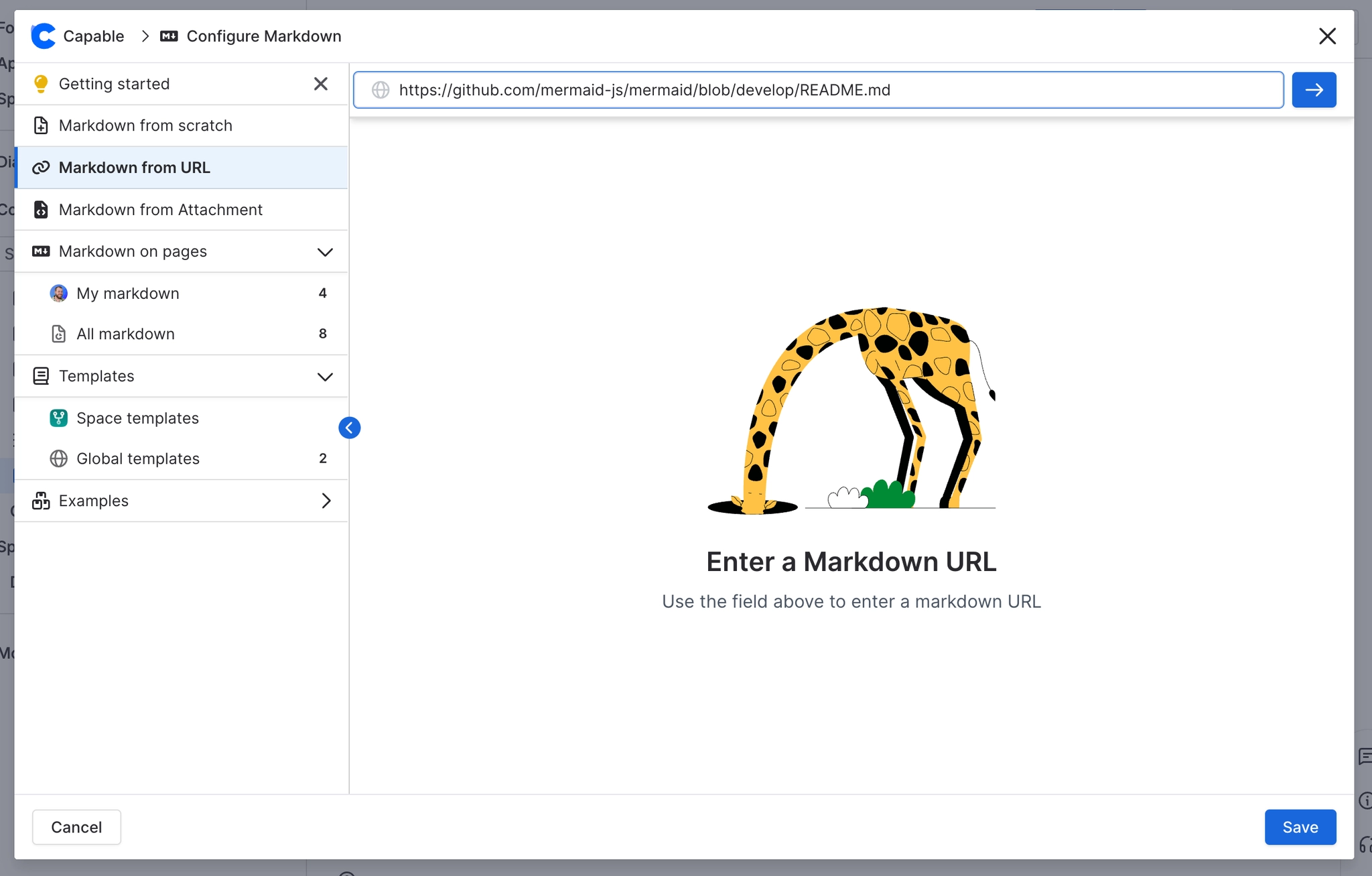 The Configure Markdown dialog with a left nav listing Getting started, Markdown from scratch, Markdown from URL, Markdown from Attachment, Markdown on pages with My markdown and All markdown, Template