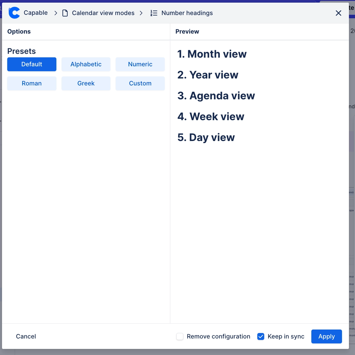 Confluence Numbered headings options