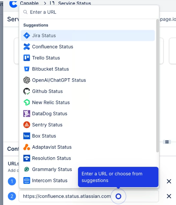 An open URL field headed Suggestions, listing well known status pages including Jira, Confluence, Trello, Bitbucket, OpenAI, GitHub, New Relic, DataDog, Sentry, Box, Adaptavist, Resolution, Grammarly 