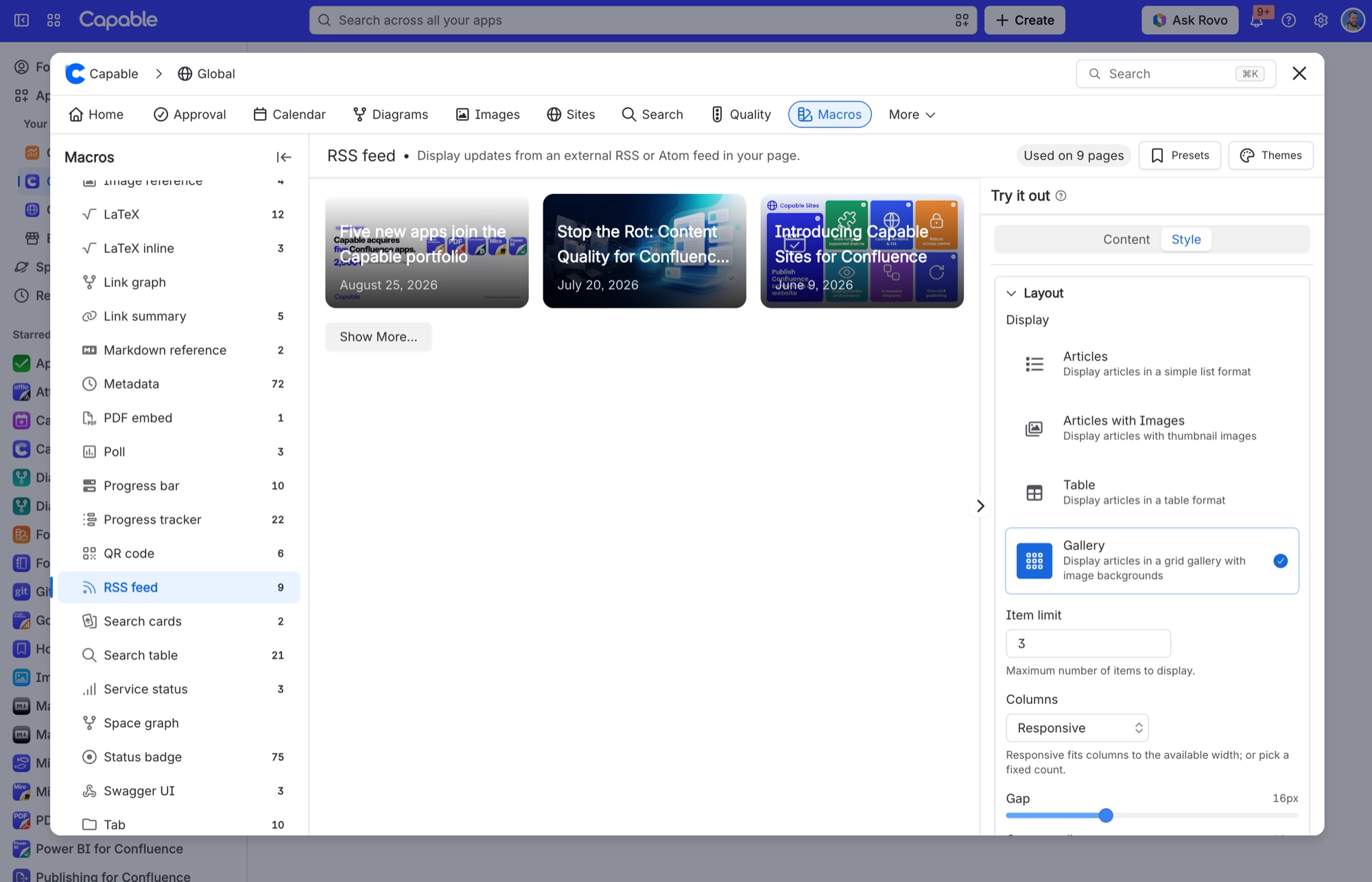 RSS feed macro Style tab with Gallery display selected, item limit 3 and responsive columns, previewing three gallery cards