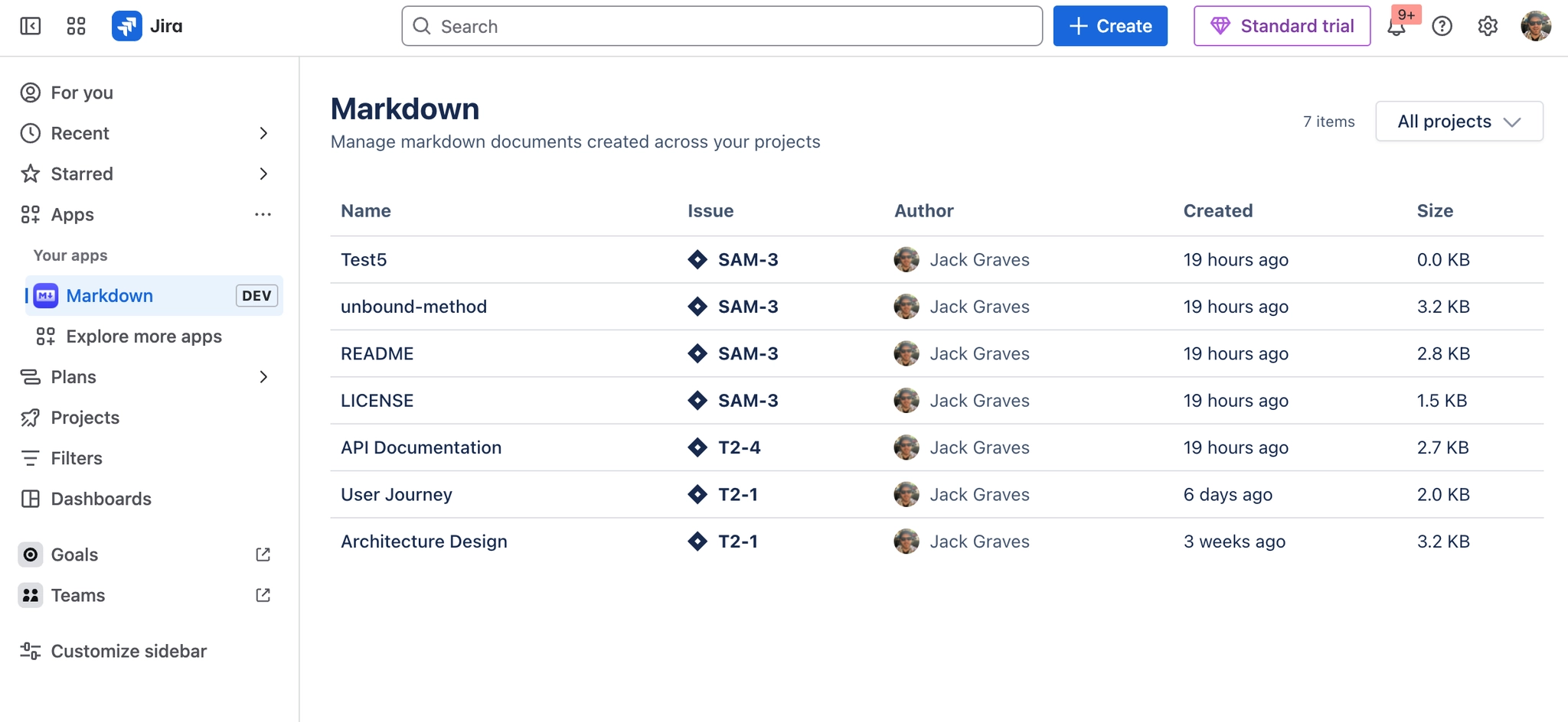 The Capable Markdown global page listing seven Markdown documents with columns for name, work item, author, created date and size, an item count and an all projects filter.