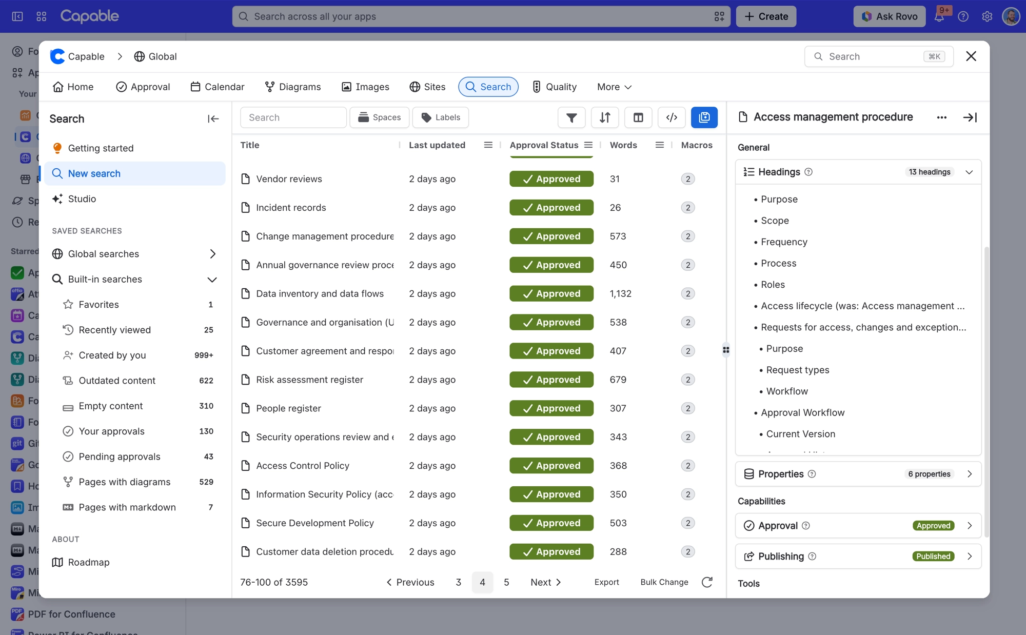 Search side panel with General, Capabilities and Tools headings, and the Headings panel opened to list the page headings