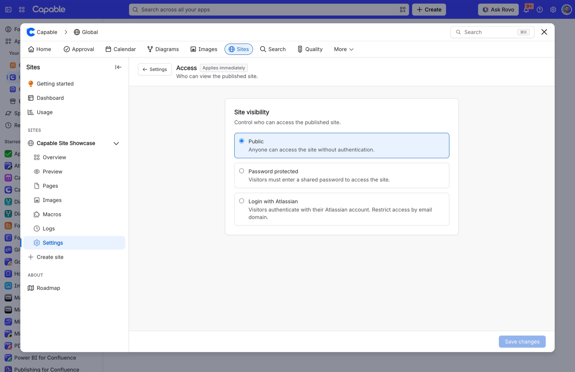 Sites Access settings with Public selected, above the Password protected and Login with Atlassian options