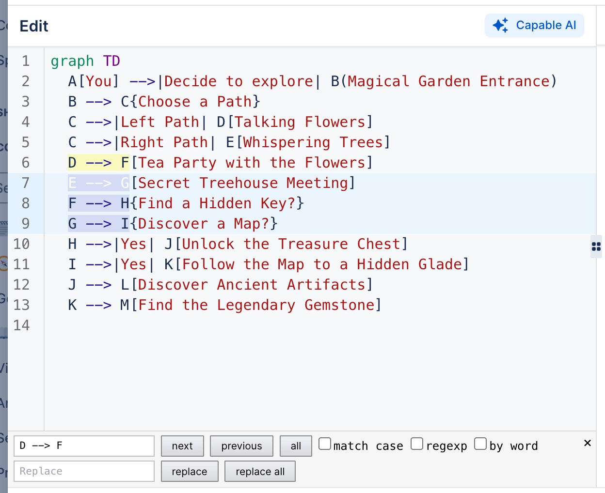 The diagram text editor showing numbered lines of Mermaid flowchart code with several matches highlighted, and a find and replace bar along the bottom.